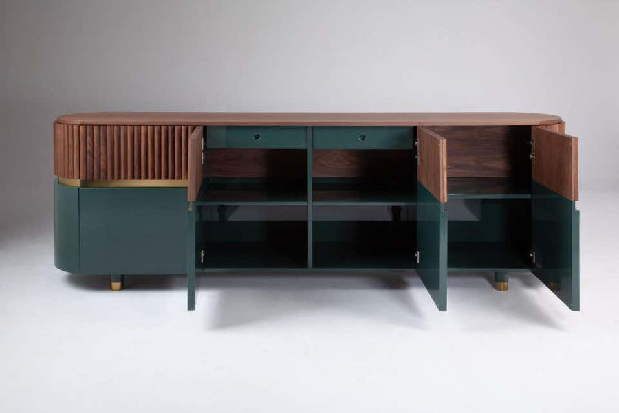 Dooq Berlin SIdeboard with natural walnut, polished brass and Olive lacquer