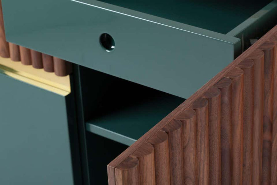 Dooq Berlin SIdeboard with natural walnut, polished brass and Olive lacquer