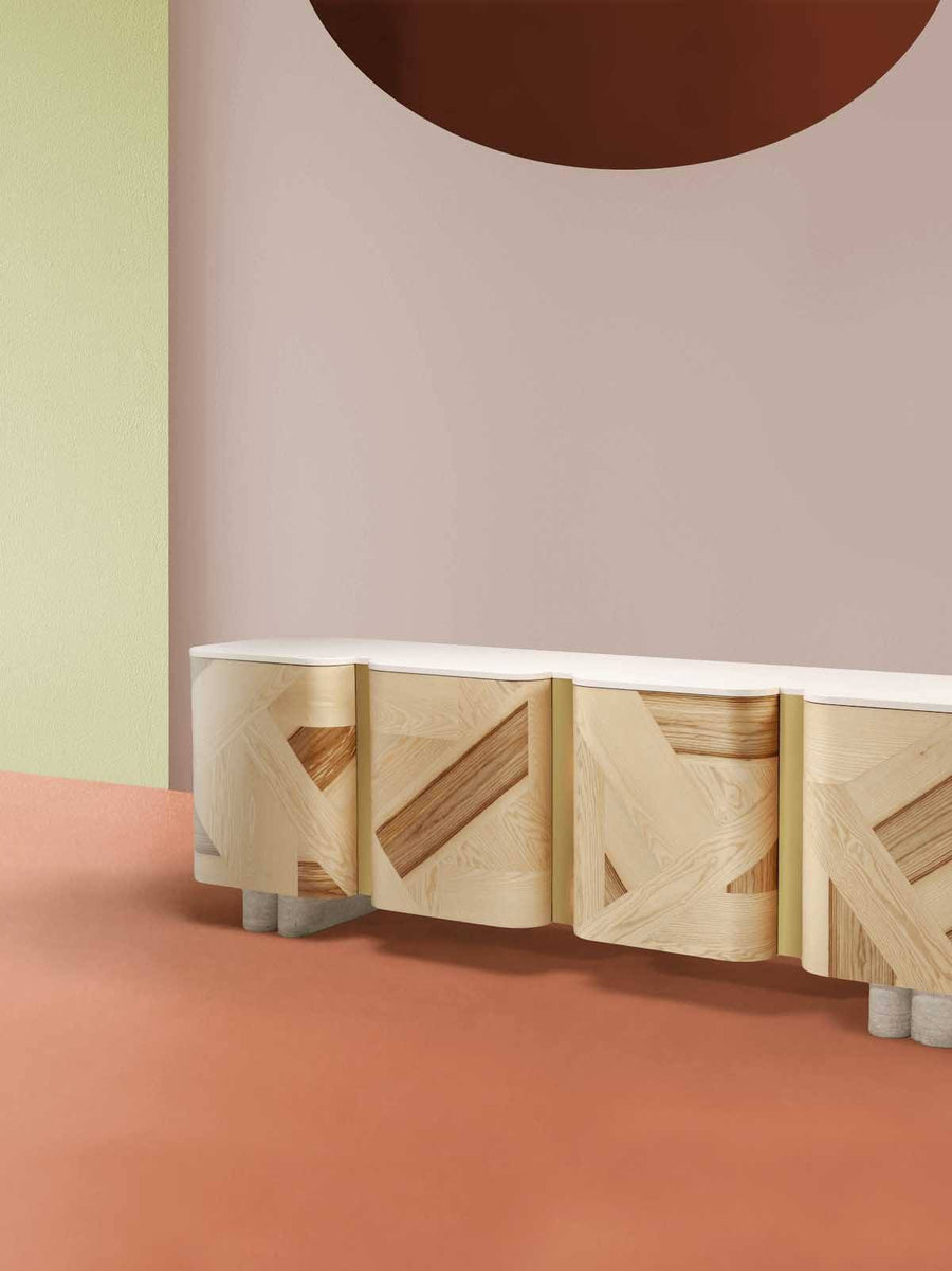 Dooq Kisho Sideboard with Olive Ash Marquetry and Brass Detail